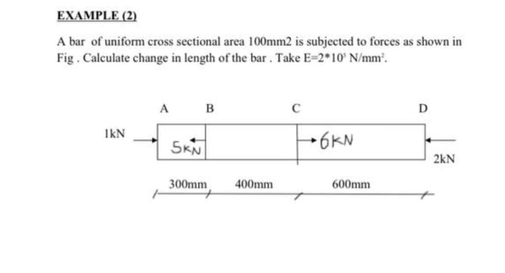 EXAMPLE (2)
A bar of uniform cross sectional area 100mm2 is subjected to forces as shown in
Fig. Calculate change in length of the bar . Take E=2*10' N/mm'.
A B
D
IkN
SKN
+6KN
2kN
300mm
400mm
600mm
