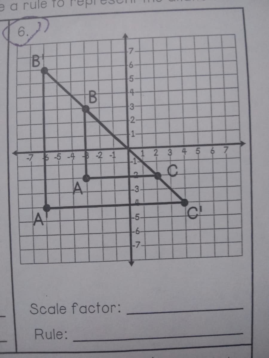 ea rule fỐ
6.
9-
5-
4-
3-
2-
-7 5 -4--2 -1
1 234 5 6 7
-3-
-5-
-6-
-7-
Scale factor:
Rule:
6.
A,
