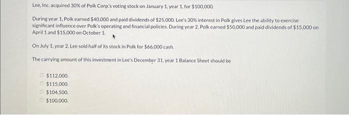 Lee, Inc. acquired 30% of Polk Corp's voting stock on January 1, year 1, for $100,000.
During year 1, Polk earned $40,000 and paid dividends of $25,000. Lee's 30 % interest in Polk gives Lee the ability to exercise
significant influence over Polk's operating and financial policies. During year 2, Polk earned $50,000 and paid dividends of $15,000 on
April 1 and $15,000 on October 1.
On July 1, year 2, Lee sold half of its stock in Polk for $66,000 cash.
The carrying amount of this investment in Lee's December 31, year 1 Balance Sheet should be
Ⓒ$112,000.
$115,000.
$104,500.
$100,000.