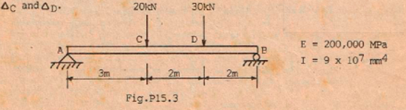 Ac and Ap.
20KN
30KN
E = 200,000 MPa
I = 9 x 107 mm4
to
3m
2m
2m
Fig.P15.3
