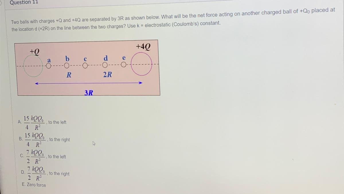 Question 11
Two balls with charges +Q and +4Q are separated by 3R as shown below. What will be the net force acting on another charged ball of +Qo placed at
the location d (=2R) on the line between the two charges? Use k = electrostatic (Coulomb's) constant.
A.
B.
15 kQQ
4 R²
15 kQQo
C.
+Q
D.
4 R²
7 kQQ⁰
2 R²
7 họ
2 R²
E. Zero force
b
R
to the left
to the right
to the left
to the right
1
3R
d
2R
+4Q