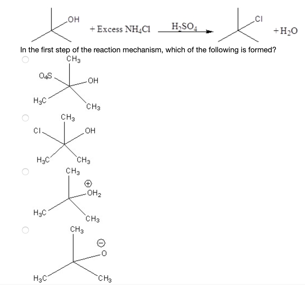 но
+ Excess NH4CI
H,SO4
+H2O
In the first step of the reaction mechanism, which of the following is formed?
CH3
O4S
OH
H3C
CH3
CH3
H3C
CH3
CH3
OH2
CH3
CH3
H3C
CH3
