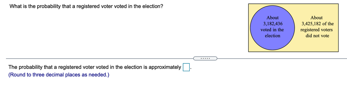 What is the probability that a registered voter voted in the election?
About
About
3,182,436
voted in the
3,425,182 of the
registered voters
did not vote
election
.....
The probability that a registered voter voted in the election is approximately
(Round to three decimal places as needed.)
