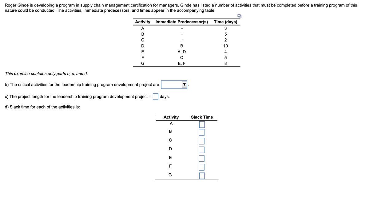 Roger Ginde is developing a program in supply chain management certification for managers. Ginde has listed a number of activities that must be completed before a training program of this
nature could be conducted. The activities, immediate predecessors, and times appear in the accompanying table:
Activity Immediate Predecessor(s)
A
(BCDEFG
This exercise contains only parts b, c, and d.
b) The critical activities for the leadership training program development project are
c) The project length for the leadership training program development project =
d) Slack time for each of the activities is:
days.
B
A, D
с
E, F
Activity
A
B
CDEFG
Slack Time
Time (days)
3
GANGG
5
2
10
4
8