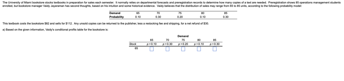 The University of Miami bookstore stocks textbooks in preparation for sales each semester. It normally relies on departmental forecasts and preregistration records to determine how many copies of a text are needed. Preregistration shows 85 operations management students
enrolled, but bookstore manager Vaidy Jayaraman has second thoughts, based on his intuition and some historical evidence. Vaidy believes that the distribution of sales may range from 65 to 85 units, according to the following probability model:
Demand
Probability
65
0.10
Stock
70
0.30
65
This textbook costs the bookstore $82 and sells for $112. Any unsold copies can be returned to the publisher, less a restocking fee and shipping, for a net refund of $30.
a) Based on the given information, Vaidy's conditional profits table for the bookstore is:
65
p=0.10
75
0.20
70
p=0.30
80
0.10
Demand
75
p=0.20
80
p = 0.10
85
p=0.30
85
0.30