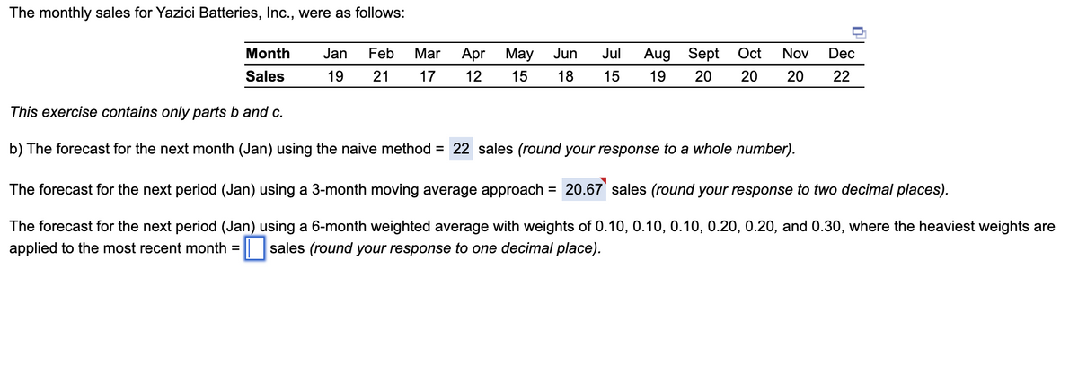 The monthly sales for Yazici Batteries, Inc., were as follows:
Month
Sales
Jan Feb Mar
19 21 17
Apr May Jun
12 15 18
Jul
15
Aug Sept
19 20 20
Oct Nov Dec
20 22
|
This exercise contains only parts b and c.
b) The forecast for the next month (Jan) using the naive method = 22 sales (round your response to a whole number).
The forecast for the next period (Jan) using a 3-month moving average approach 20.67 sales (round your response to two decimal places).
The forecast for the next period (Jan) using a 6-month weighted average with weights of 0.10, 0.10, 0.10, 0.20, 0.20, and 0.30, where the heaviest weights are
applied to the most recent month = sales (round your response to one decimal place).