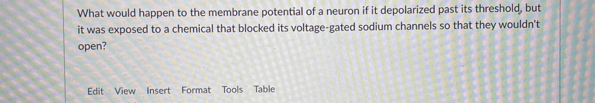 What would happen to the membrane potential of a neuron if it depolarized past its threshold, but
it was exposed to a chemical that blocked its voltage-gated sodium channels so that they wouldn't
open?
Edit View
Insert Format
Tools Table
