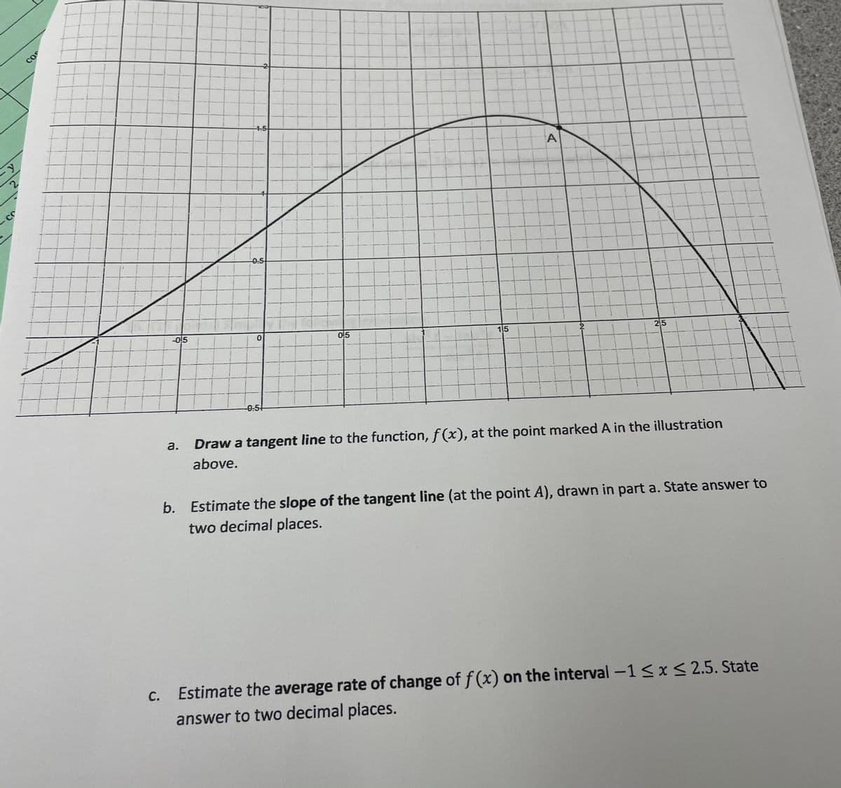 CO
1-5
-0.5
-0!5
0!5
15
25
-0.5
a.
Draw a tangent line to the function, f (x), at the point marked A in the illustration
above.
b. Estimate the slope of the tangent line (at the point A), drawn in part a. State answer to
two decimal places.
С.
Estimate the average rate of change of f (x) on the interval-1< x< 2.5. State
answer to two decimal piaces.
