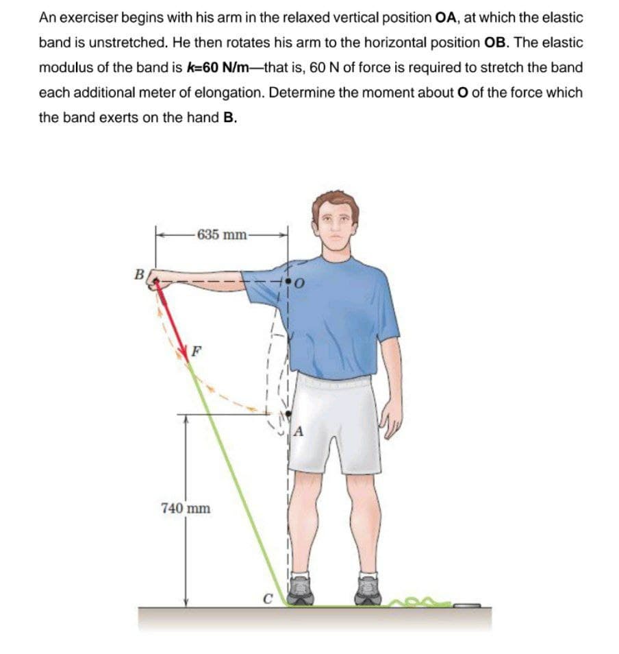 An exerciser begins with his arm in the relaxed vertical position OA, at which the elastic
band is unstretched. He then rotates his arm to the horizontal position OB. The elastic
modulus of the band is k=60 N/m-that is, 60 N of force is required to stretch the band
each additional meter of elongation. Determine the moment about O of the force which
the band exerts on the hand B.
-635 mm-
B
F
740 mm
C
