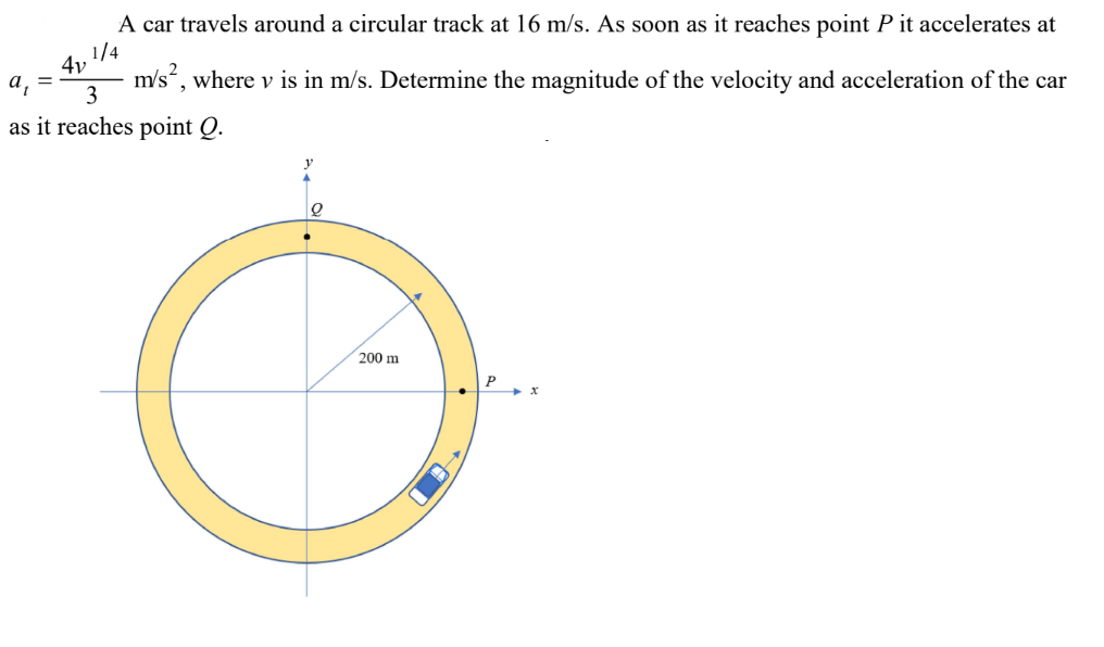 a₁
A car travels around a circular track at 16 m/s. As soon as it reaches point P it accelerates at
1/4
4v
=
m/s², where v is in m/s. Determine the magnitude of the velocity and acceleration of the car
3
as it reaches point Q.
Q
200 m
P