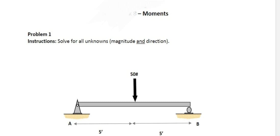 Problem 1
Instructions: Solve for all unknowns (magnitude and direction).
A +
<8 - Moments
5'
50#
5'
B