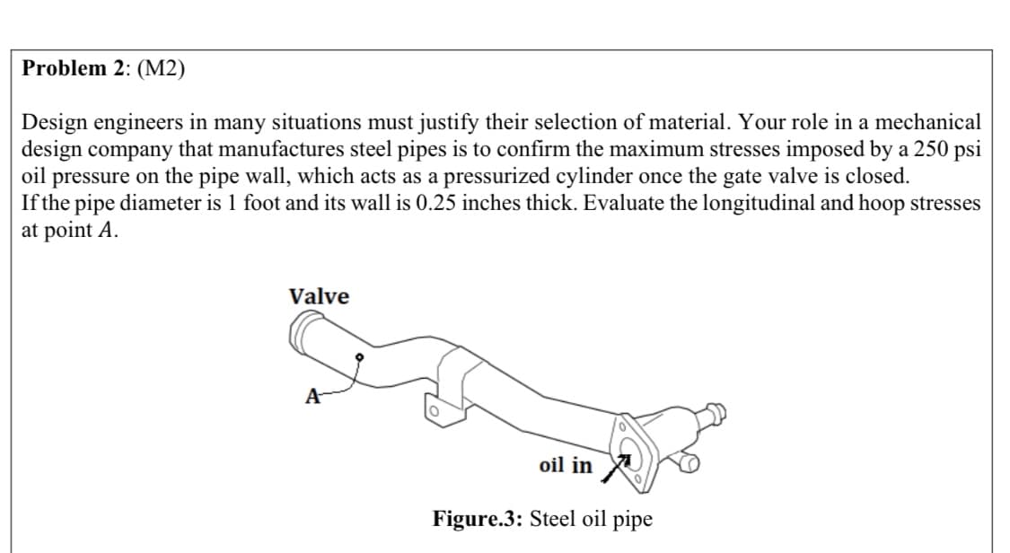 Problem 2: (M2)
Design engineers in many situations must justify their selection of material. Your role in a mechanical
design company that manufactures steel pipes is to confirm the maximum stresses imposed by a 250 psi
oil pressure on the pipe wall, which acts as a pressurized cylinder once the gate valve is closed.
If the pipe diameter is 1 foot and its wall is 0.25 inches thick. Evaluate the longitudinal and hoop stresses
at point A.
Valve
A
oil in
Figure.3: Steel oil pipe
