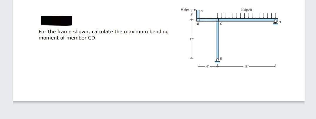 5 kips
3 kips/ft
For the frame shown, calculate the maximum bending
moment of member CD.
E
