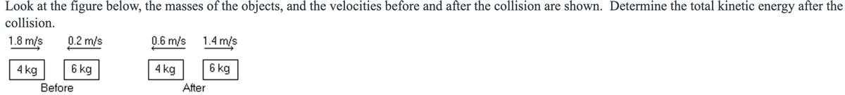 Look at the figure below, the masses of the objects, and the velocities before and after the collision are shown. Determine the total kinetic energy after the
collision.
1.8 m/s
0.2 m/s
0.6 m/s
1.4 m/s
4 kg
6 kg
4 kg
6 kg
Before
After
