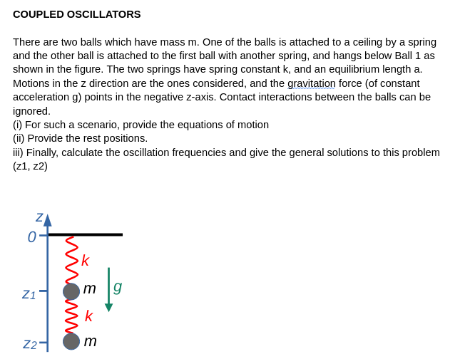 COUPLED OSCILLATORS
There are two balls which have mass m. One of the balls is attached to a ceiling by a spring
and the other ball is attached to the first ball with another spring, and hangs below Ball 1 as
shown in the figure. The two springs have spring constant k, and an equilibrium length a.
Motions in the z direction are the ones considered, and the gravitation force (of constant
acceleration g) points in the negative z-axis. Contact interactions between the balls can be
ignored.
(i) For such a scenario, provide the equations of motion
(ii) Provide the rest positions.
iii) Finally, calculate the oscillation frequencies and give the general solutions to this problem
(z1,z2)
Z
mg
k
m
0
Z1
Z2