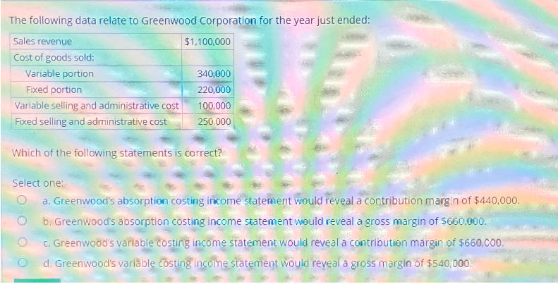 The following data relate to Greenwood Corporation for the year just ended:
Sales revenue
Cost of goods sold:
$1,100,000
Variable portion
340,000
Fixed portion
220,000
Variable selling and administrative cost
100,000
Fixed selling and administrative cost
250,000
Which of the following statements is correct?
Select one:
a. Greenwood's absorption costing income statement would reveal a contribution margin of $440,000.
b. Greenwood's absorption costing income statement would reveal a gross margin of $660,000.
c. Greenwood's variable costing income statement would reveal a contribution margin of $660,000.
d. Greenwood's variable costing income statement would reveal a gross margin of $540,000.