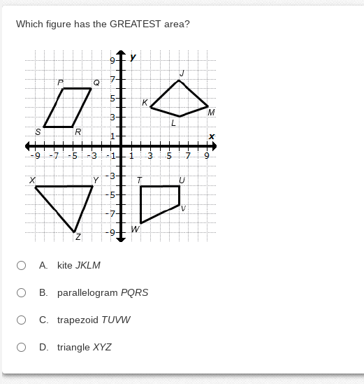 Which figure has the GREATEST area?
y.
-7-
P.
Q.
K
M
3-
R
.-9.-7-5
-3
-1
-3
-5
9.
3-
-5-
O A. kite JKLM
O B. parallelogram PQRS
O C. trapezoid TUVW
O D. triangle XYZ
