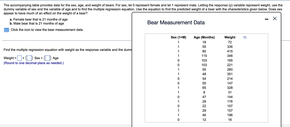 The accompanying table provides data for the sex, age, and weight of bears. For sex, let 0 represent female and let 1 represent male. Letting the response (y) variable represent weight, use the
dummy variable of sex and the variable of age and to find the multiple regression equation. Use the equation to find the predicted weight of a bear with the characteristics given below. Does sex
appear to have much of an effect on the weight of a bear?
X
a. Female bear that is 21 months of age
b. Male bear that is 21 months of age
Click the icon to view the bear measurement data.
Find the multiple regression equation with weight as the response variable and the dumn
Weight = +
Sex+
Age
(Round to one decimal place as needed.)
Bear Measurement Data
Sex (1=M)
1
1
1
1
0
0
1
1
0
0
1
1
0
1
COO
0
0
Age (Months)
18
55
80
115
103
103
55
48
54
55
65
8
47
29
22
29
46
12
Weight
72
336
415
346
165
221
260
351
214
147
328
31
144
176
107
157
196
16