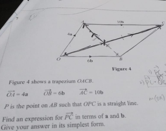 10b
4a
B.
6b
Figure 4
PC
Figure 4 shows a trapezium OACB.
OA-4a
OB = 6b
AC = 10b
%3D
%3D
%3D
m(BA)
P is the point on AB such that OPC is a straight line.
Find an expression for PC in terms of a and b.
Give your answer in its simplest form.
