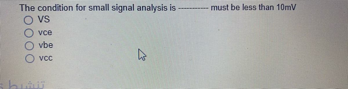 The condition for small signal analysis is
VS
must be less than 10mV
vce
vbe
VCC
O000
