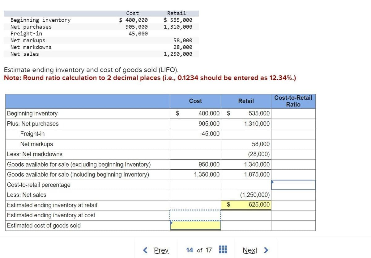 Beginning inventory
Net purchases
Freight-in
Net markups
Cost
$ 400,000
905,000
45,000
Retail
$ 535,000
1,310,000
58,000
Net markdowns
Net sales
28,000
1,250,000
Estimate ending inventory and cost of goods sold (LIFO).
Note: Round ratio calculation to 2 decimal places (i.e., 0.1234 should be entered as 12.34%.)
Cost
Retail
Cost-to-Retail
Ratio
Beginning inventory
Plus: Net purchases
$
400,000 $
905,000
535,000
1,310,000
Freight-in
Net markups
45,000
58,000
Less: Net markdowns
(28,000)
Goods available for sale (excluding beginning Inventory)
950,000
1,340,000
Goods available for sale (including beginning Inventory)
Cost-to-retail percentage
Less: Net sales
Estimated ending inventory at retail
Estimated ending inventory at cost
Estimated cost of goods sold
1,350,000
1,875,000
(1,250,000)
$
625,000
< Prev
14 of 17
Next