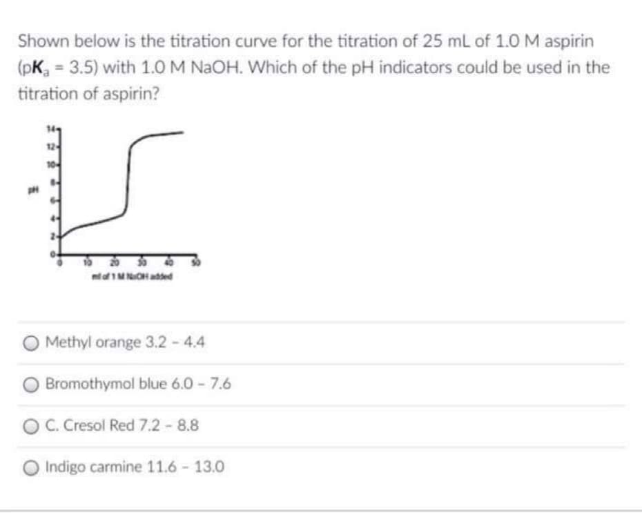 Shown below is the titration curve for the titration of 25 ml of 1.0 M aspirin
(pK, = 3.5) with 1.0M NAOH. Which of the pH indicators could be used in the
titration of aspirin?
12
maf 1MNOHadded
O Methyl orange 3.2 4.4
Bromothymol blue 6.0 - 7.6
C. Cresol Red 7.2 - 8.8
O Indigo carmine 11.6 - 13.0
