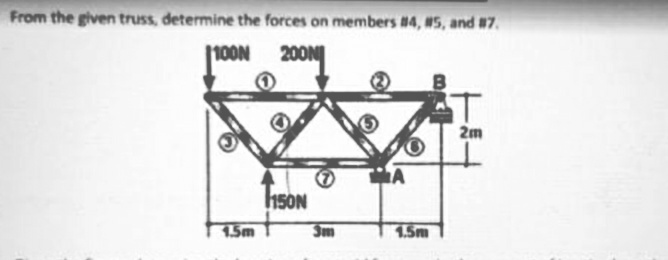 From the given truss, determine the forces on members #4, #S, and #7.
100N
200N
2m
hsON
1.5m
Sm
1.5m
