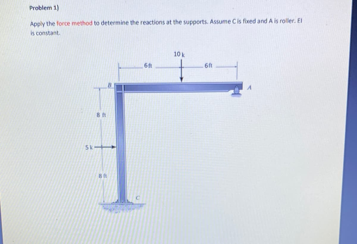 Problem 1)
Apply the force method to determine the reactions at the supports. Assume C is fixed and A is roller. El
is constant.
8 ft
B
5k->
8 ft
C
6ft
10 k
6ft