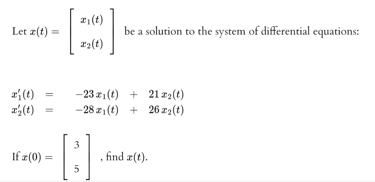 x1(t)
Let x(t) =
be a solution to the system of differential equations:
x2(t)
x{(t)
x½(t)
-23 x1 (t) + 21 x2 (t)
-28 x1(t) + 26 x2(t)
3
If æ(0) =
, find æ(t).
5
