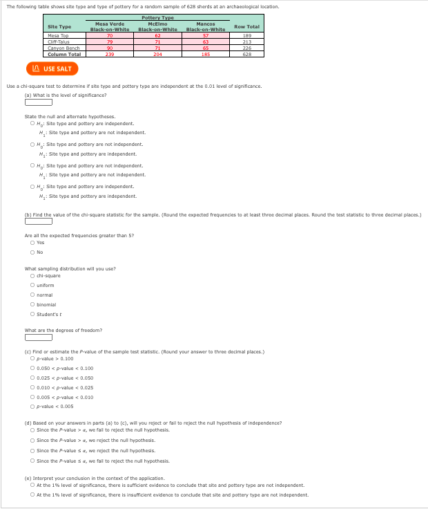 The following table shows site type and type of pottery for a random sample of 628 sherds at an archaeological location.
Pottery Type
Mesa Verde
MCElmo
Mancos
Site Type
Mesa Top
Cliff-Talus
Canyon Bench
Column Total
Row Total
Black-on-White
Black-on-White
Black-on-White
70
62
57
189
79
71
63
213
90
71
65
226
239
204
185
628
A USE SALT
Use a chi-square test to determine if site type and pottery type are independent at the 0.01 level of significance.
(a) What is the level of significance?
State the null and alternate hypotheses.
O H: Site type and pottery are independent.
H: Site type and pottery are not independent.
OH: Site type and pottery are not independent.
H: Site type and pottery are independent.
O H: Site type and pottery are not independent.
H.: Site type and pottery are not independent.
OH: Site type and pottery are independent.
H: Site type and pottery are independent.
(b) Find the value of the chi-square statistic for the sample. (Round the expected frequencies to at least three decimal places. Round the test statistic to three decimal places.)
Are all the expected frequendies greater than 5?
O Yes
O No
What sampling distribution will you use?
O chi-square
O uniform
O normal
O binomial
O Student'st
What are the degrees of freedom?
(C) Find or estimate the Prvalue of the sample test statistic. (Round your answer to three decimal places.)
O pvalue > 0.10D
O 0.050 < p-value < 0.100
O 0.025 < p-value < 0.050
O 0.010 < p-value < 0.025
O 0.005 < p-value < 0.010
O prvalue < 0.00s
(d) Based on your answers in parts (a) to (c), will you reject or fail to reject the null hypothesis of independence?
O Since the Pvalue > a, we fail to reject the nul hypothesis.
O Since the Pvalue >a, we reject the null hypothesis.
O Since the Pvalue sa, we reject the null hypothesis.
O Since the Pvalue sa, we fal to reject the null hypothesis
(e) Interpret your condusion in the context of the application.
O At the 15% level of significance, there is sufficient evidence to conclude that site and pottery type are not independent.
O At the 1% level of significance, there is insufficient evidence to conclude that site and pottery type are not independent.
