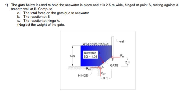 1) The gate below is used to hold the seawater in place and it is 2.5 m wide, hinged at point A, resting against a
smooth wall at B. Compute
a. The total force on the gate due to seawater
b. The reaction at B
c. The reaction at hinge A.
(Neglect the weight of the gate.
wall
WATER SURFACE
seawater
SG = 1.03
5m
2 m
GATE
RAY
HINGE
3 m
