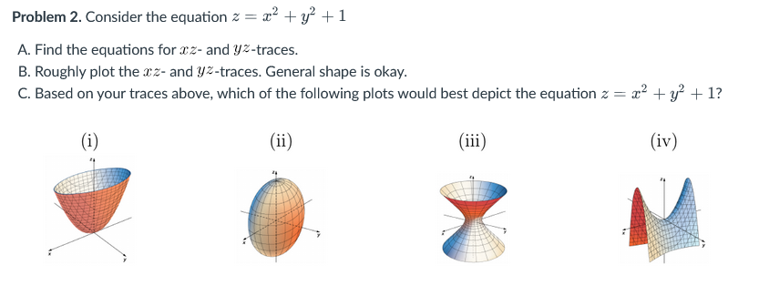 Problem 2. Consider the equation z =
x² + y² + 1
A. Find the equations for az- and yz-traces.
B. Roughly plot the xz- and yz-traces. General shape is okay.
C. Based on your traces above, which of the following plots would best depict the equation z =
(i)
(ii)
(iii)
=x² + y² +1?
(iv)