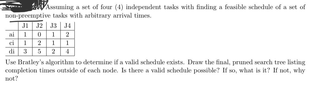 Assuming a set of four (4) independent tasks with finding a feasible schedule of a set of
non-preemptive tasks with arbitrary arrival times.
J1 J2 J3 J4
1
0 1 2
1
2
1 1
3
5
2 4
1037
ai
ci
di
Use Bratley's algorithm to determine if a valid schedule exists. Draw the final, pruned search tree listing
completion times outside of each node. Is there a valid schedule possible? If so, what is it? If not, why
not?