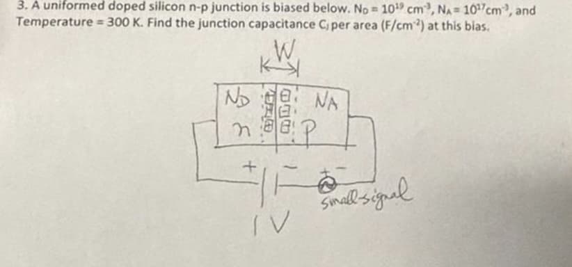 3. A uniformed doped silicon n-p junction is biased below. No = 109 cm³, NA=107cm, and
Temperature 300 K. Find the junction capacitance Ciper area (F/cm2) at this bias.
=
No
ह
W
K
BBB
NA
P
to
Small-signal
IV