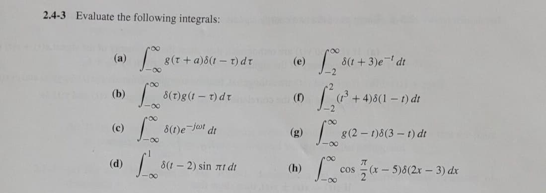 2.4-3 Evaluate the following integrals:
(a)
(b)
(c)
(d)
108
g(t + a)8(tt) dt
Lo
-8
To
Lo
8(t)g (tt) dt
8(t)e-jot dt
8(t2) sin лt dt
(e)
(f)
(h)
1, 8(
La
Lo
8(t + 3)e-¹ dt
+4)8(1 t) dt
g (2-t)8(3-1)dt
cos(x - 5)8(2x - 3) dx