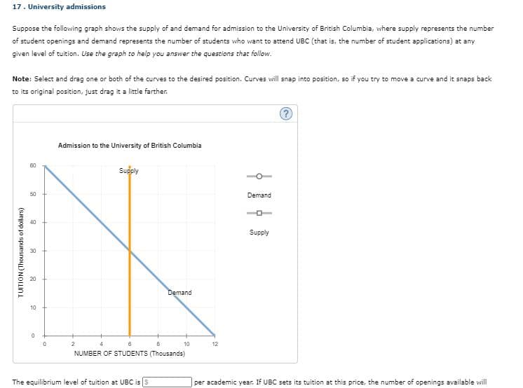 17. University admissions
Suppose the following graph shows the supply of and demand for admission to the University of British Columbia, where supply represents the number
of student openings and demand represents the number of students who want to attend UBC (that is, the number of student applications) at any
given level of tuition. Use the graph to help you answer the questions that follow.
Note: Select and drag one or both of the curves to the desired position. Curves will snap into position, so if you try to move a curve and it snaps back
to its original position, just drag it a little farther.
Admission to the University of British Columbia
60
Supply
50
Demand
40
Supply
30
20
Demand
10
2
4
10
12
NUMBER OF STUDENTS (Thousands)
The equilibrium level of tuition at UBC is s
per academic year. If UBC sets its tuition at this price, the number of openings available will
TUITION (Thousands of dollars)
