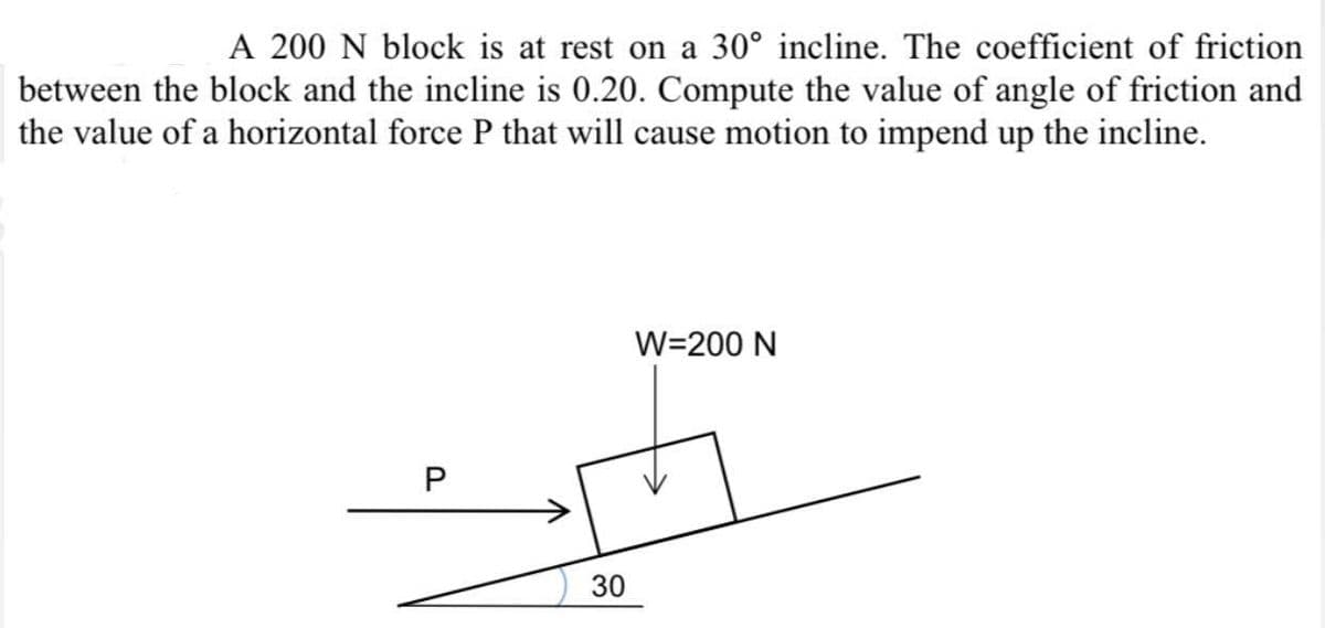 A 200 N block is at rest on a 30° incline. The coefficient of friction
between the block and the incline is 0.20. Compute the value of angle of friction and
the value of a horizontal force P that will cause motion to impend up the incline.
W=200 N
P
30
