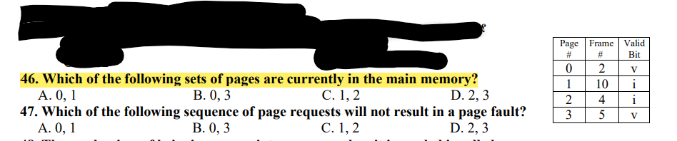 Page Frame Valid
#3
Bit
2
V
46. Which of the following sets of pages are currently in the main memory?
А. 0, 1
1
10
i
В. О, 3
С. 1, 2
D. 2, 3
2
4
47. Which of the following sequence of page requests will not result in a page fault?
А. 0, 1
3
5
V
В. О, 3
С. 1, 2
D. 2, 3
