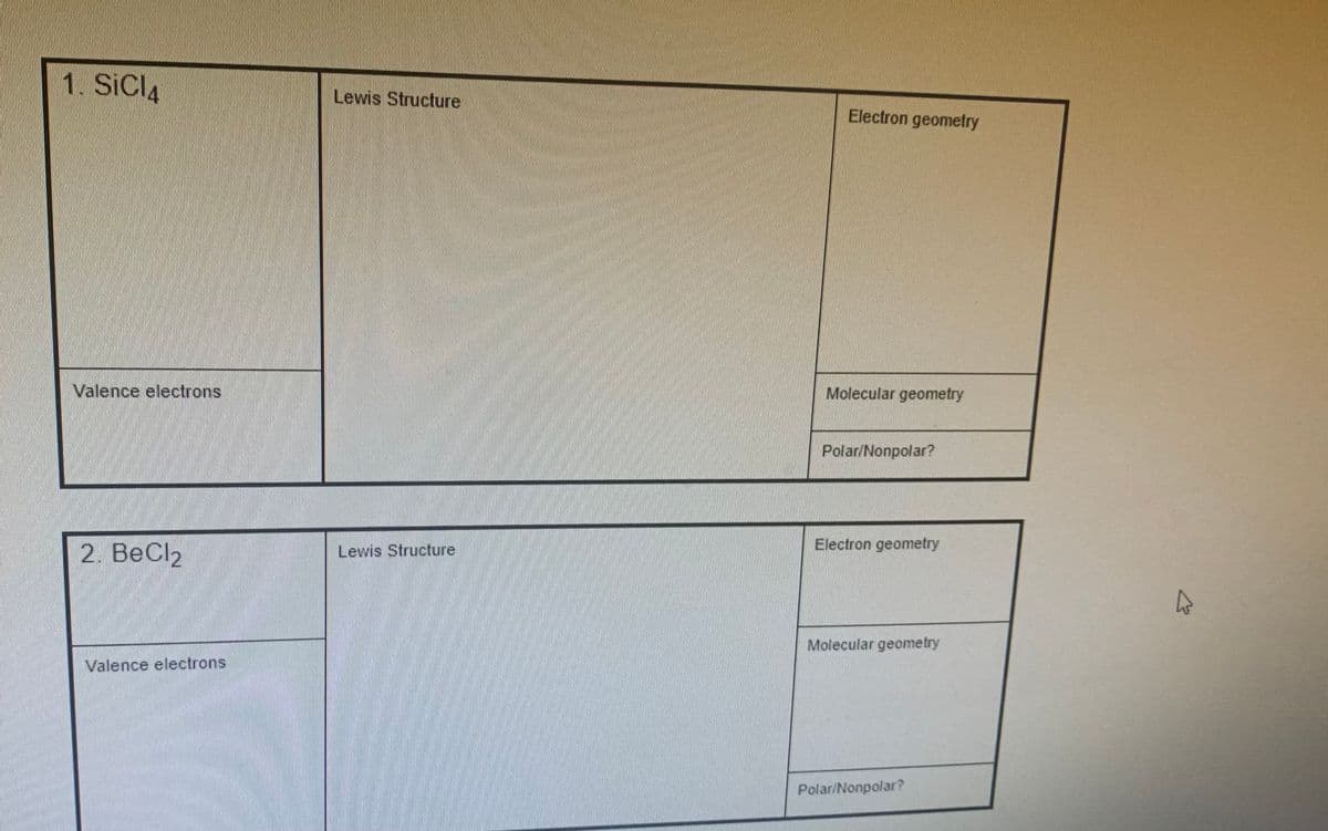 1. SICIA
Valence electrons
2. BeCl₂
Valence electrons
Lewis Structure
Lewis Structure
Electron geometry
Molecular geometry
Polar/Nonpolar?
Electron geometry
Molecular geometry
Polar/Nonpolar?