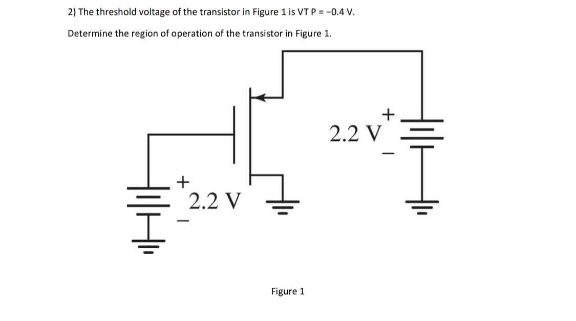 2) The threshold voltage of the transistor in Figure 1 is VT P = -0.4 V.
Determine the region of operation of the transistor in Figure 1.
+
2.2 V
+
2.2 V
Figure 1
