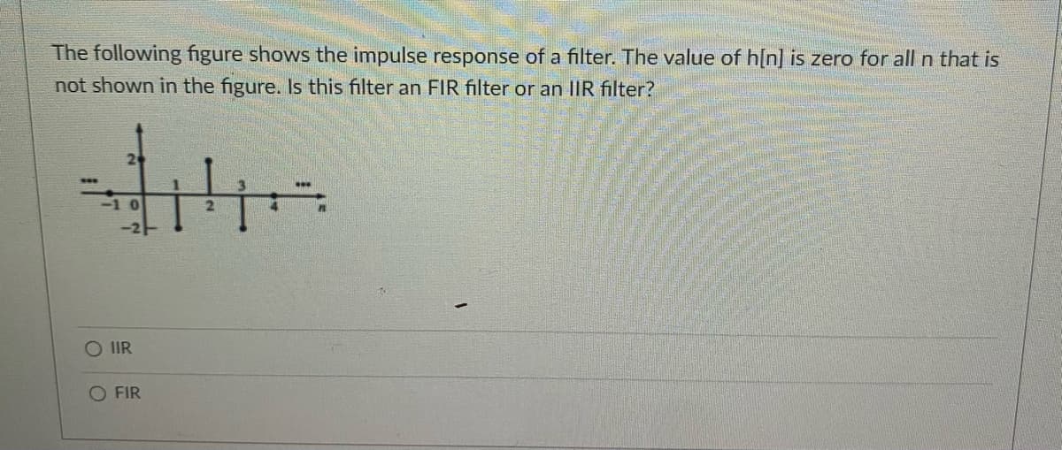 The following figure shows the impulse response of a filter. The value of h[n] is zero for all n that is
not shown in the figure. Is this filter an FIR filter or an IIR filter?
20
O IIR
O FIR
