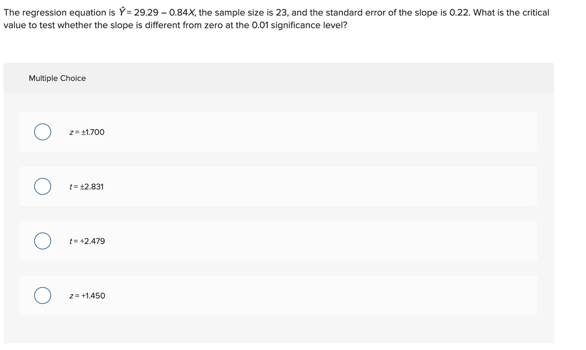 The regression equation is Ý = 29.29 – 0.84X, the sample size is 23, and the standard error of the slope is 0.22. What is the critical
value to test whether the slope is different from zero at the 0.01 significance level?
Multiple Choice
z = +1.700
t= +2.831
t= +2.479
z= +1.450
