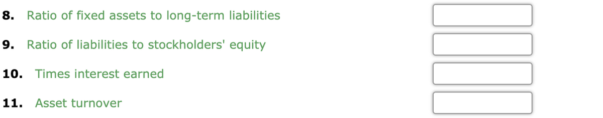 8. Ratio of fixed assets to long-term liabilities
9. Ratio of liabilities to stockholders' equity
10. Times interest earned
11. Asset turnover
