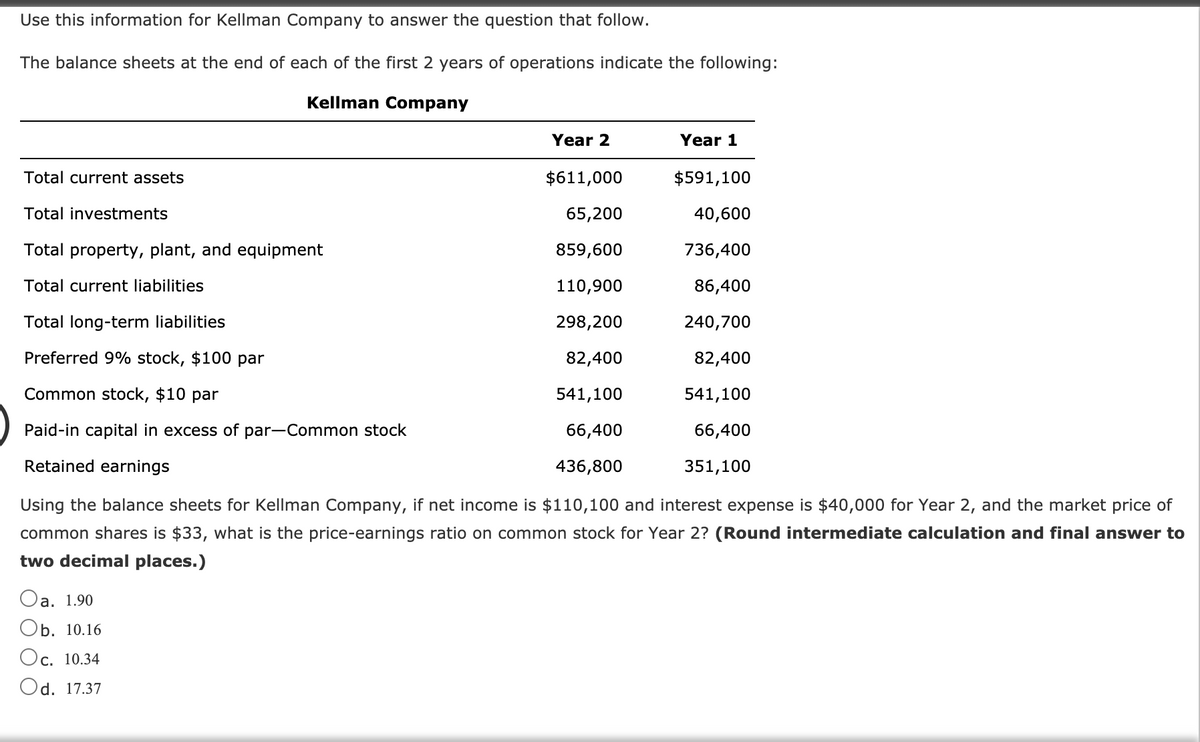 Use this information for Kellman Company to answer the question that follow.
The balance sheets at the end of each of the first 2 years of operations indicate the following:
Kellman Company
Year 2
Year 1
Total current assets
$611,000
$591,100
Total investments
65,200
40,600
Total property, plant, and equipment
859,600
736,400
Total current liabilities
110,900
86,400
Total long-term liabilities
298,200
240,700
Preferred 9% stock, $100 par
82,400
82,400
Common stock, $10 par
541,100
541,100
Paid-in capital in excess of par-Common stock
66,400
66,400
Retained earnings
436,800
351,100
Using the balance sheets for Kellman Company, if net income is $110,100 and interest expense is $40,000 for Year 2, and the market price of
common shares is $33, what is the price-earnings ratio on common stock for Year 2? (Round intermediate calculation and final answer to
two decimal places.)
Oa. 1.90
Оb. 10.16
Ос. 10.34
Od. 17.37
