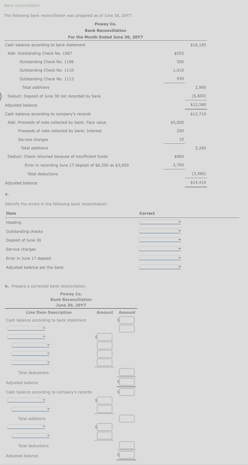 Bank reconciliation
The following bank reconciliation was prepared as of June 30, 2017:
Poway Co.
Bank Reconciliation
For the Month Ended June 30, 2017
Cash balance according to bank statement
Add: Outstanding Check No. 1067
Outstanding Check No. 1106
Outstanding Check No. 1110
Outstanding Check No. 1113
Total additions
Deduct: Deposit of June 30 not recorded by bank
Adjusted balance
Cash balance according to company's records
$16,185
$555
500
1,010
930
2,995
(6,600)
$12,580
$12,710
Add: Proceeds of note collected by bank: Face value
Proceeds of note collected by bank: Interest
$5,000
250
Service charges
Total additions
10
5,260
Deduct: Check returned because of insufficient funds
$860
Error in recording June 17 deposit of $6,350 as $3,650
Total deductions
2,700
(3,560)
Adjusted balance
$14,410
a.
Identify the errors in the following bank reconciliation:
Item
Heading
Outstanding checks
Deposit of June 30
Service charges
Error in June 17 deposit
Adjusted balance per the bank
b. Prepare a corrected bank reconciliation.
Poway Co.
Bank Reconciliation
June 30, 2017
Line Item Description
Cash balance according to bank statement
Total deductions
Adjusted balance
Cash balance according to company's records
Total additions
Total deductions
Adjusted balance
Amount
Amount
Correct
000 0.00