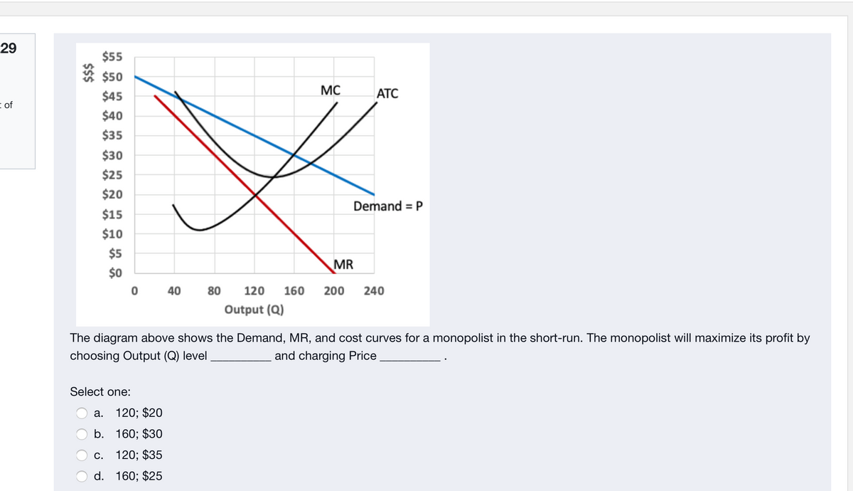 29
$55
$50
$45
MC
АТС
I of
$40
$35
$30
$25
$20
Demand = P
$15
$10
$5
MR
$0
40
80
120
160
200
240
Output (Q)
The diagram above shows the Demand, MR, and cost curves for a monopolist in the short-run. The monopolist will maximize its profit by
choosing Output (Q) level
and charging Price.
Select one:
а. 120; $20
b. 160; $30
С. 120;B $35
d. 160; $25
$$
