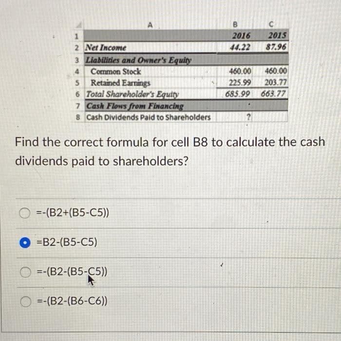 B
2016
2015
2 Net Income
44.22
87.96
3 Liabilities and Owner's Equity
4
Common Stock
460.00
460.00
S Retained Earnings
6 Total Shareholder's Equity
7 Cash Flows from Financing
8 Cash Dividends Paid to Shareholders
225.99
203.77
685.99
663.77
Find the correct formula for cell B8 to calculate the cash
dividends paid to shareholders?
=-(B2+(B5-C5))
%3D
=B2-(B5-C5)
O =-(B2-(B5-C5))
D(B2-(B6-C6))
