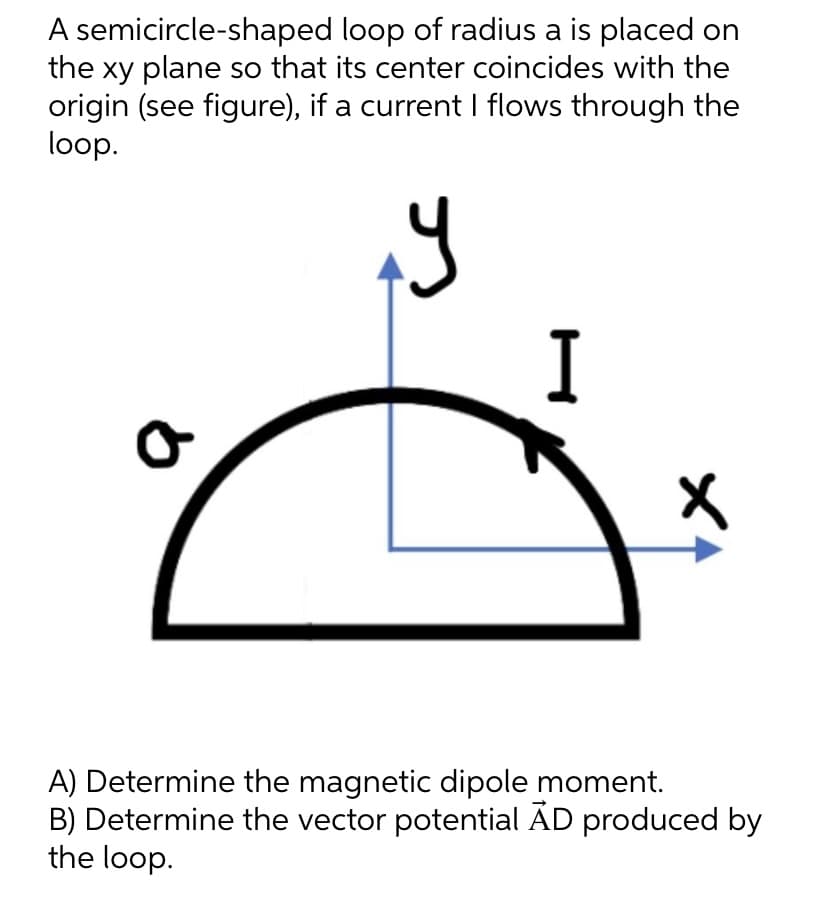 A semicircle-shaped
loop of radius a is placed on
the xy plane so that its center coincides with the
origin (see figure), if a current I flows through the
loop.
y
I
X
A) Determine the magnetic dipole moment.
B) Determine the vector potential ÃD produced by
the loop.