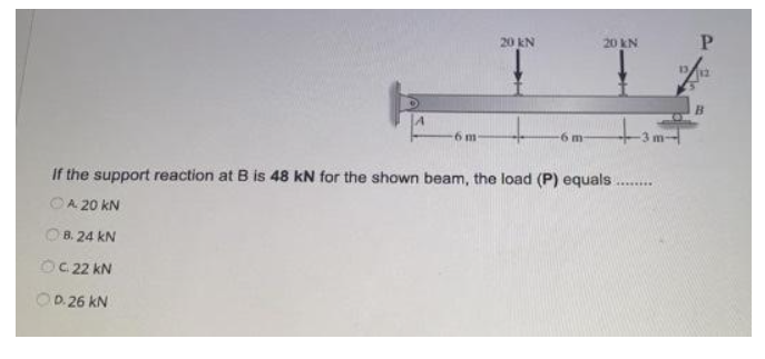 20 kN
P.
20 kN
-6m-
-6 m
If the support reaction at B is 48 kN for the shown beam, the load (P) equals .
OA 20 kN
Ов. 24 kN
OC 22 kN
OD.26 kN
