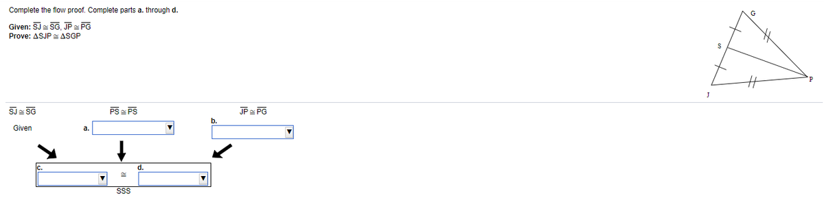 Complete the flow proof. Complete parts a. through d.
Given: SJe SG, JP PG
Prove: ASJP ASGP
SJ- SG
PS = PS
JP PG
b.
Given
d.
